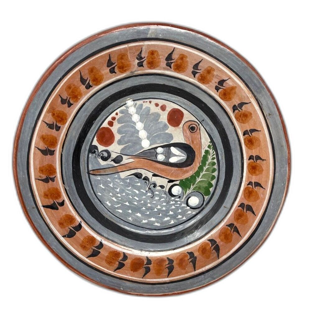 Vintage Mexican Tlaquepaque Tonala Bird Plate Wall Art Handcrafted 11.5" 1980s